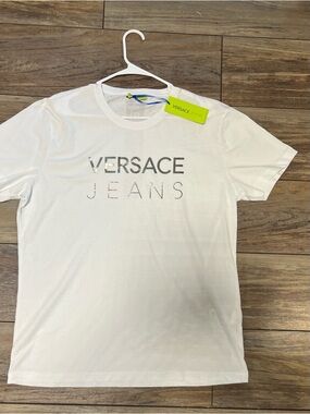 Versace Jeans Collection White Short-Sleeve Logo Tee with Metallic Print